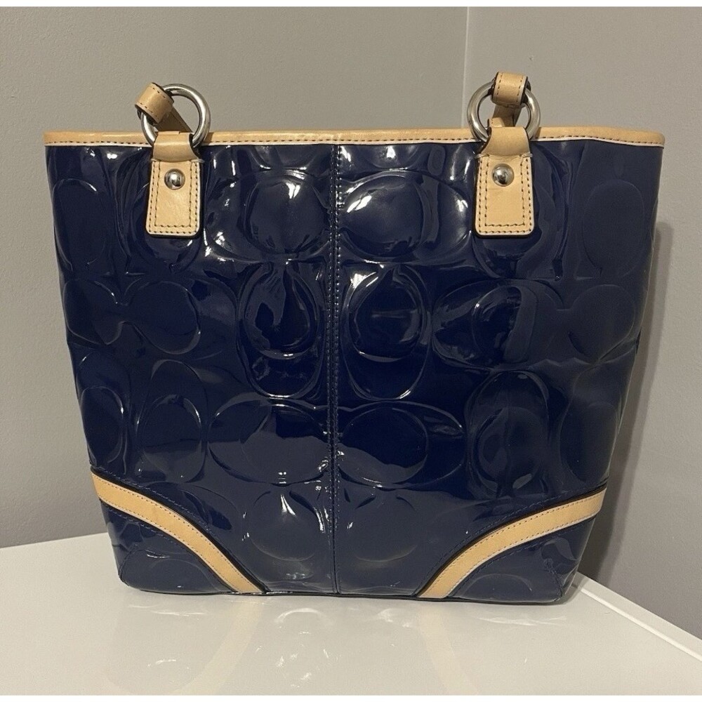 Coach Women’s Peyton Shoulder Purse Navy-Blue/Tan Leather J1261-F22322 - Picture 4 of 12